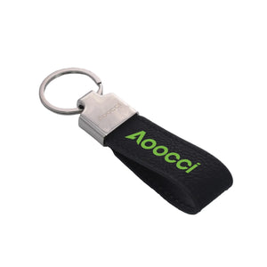 Portachiavi AOOCCI con cinturino nero, logo verde e anello metallico argentato