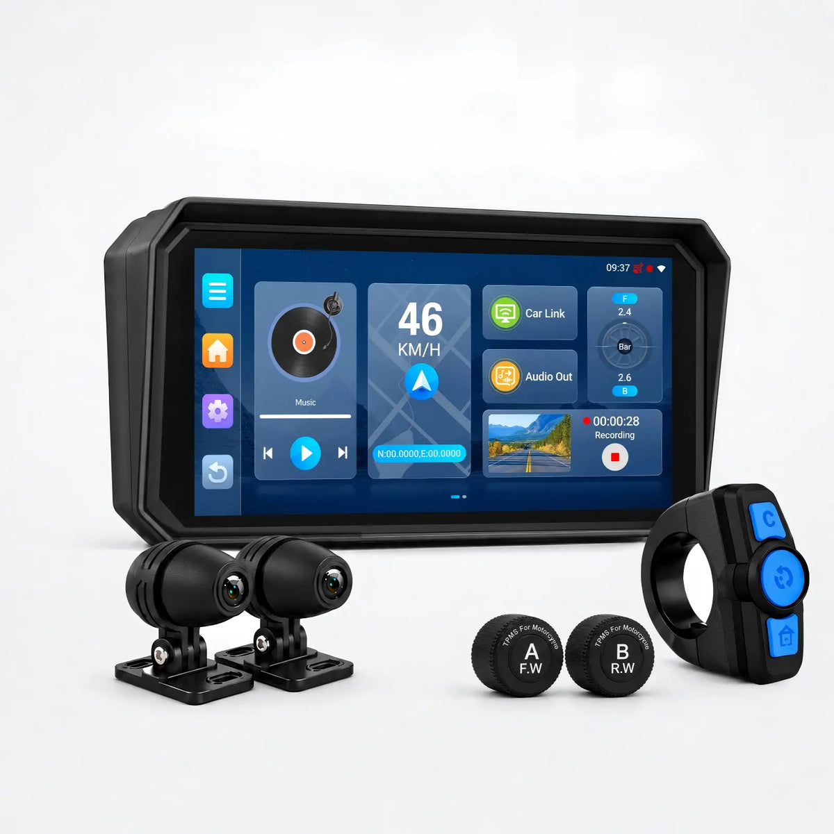 Navigatore moto Android nero con telecamere anteriori/posteriori e sensori TPMS