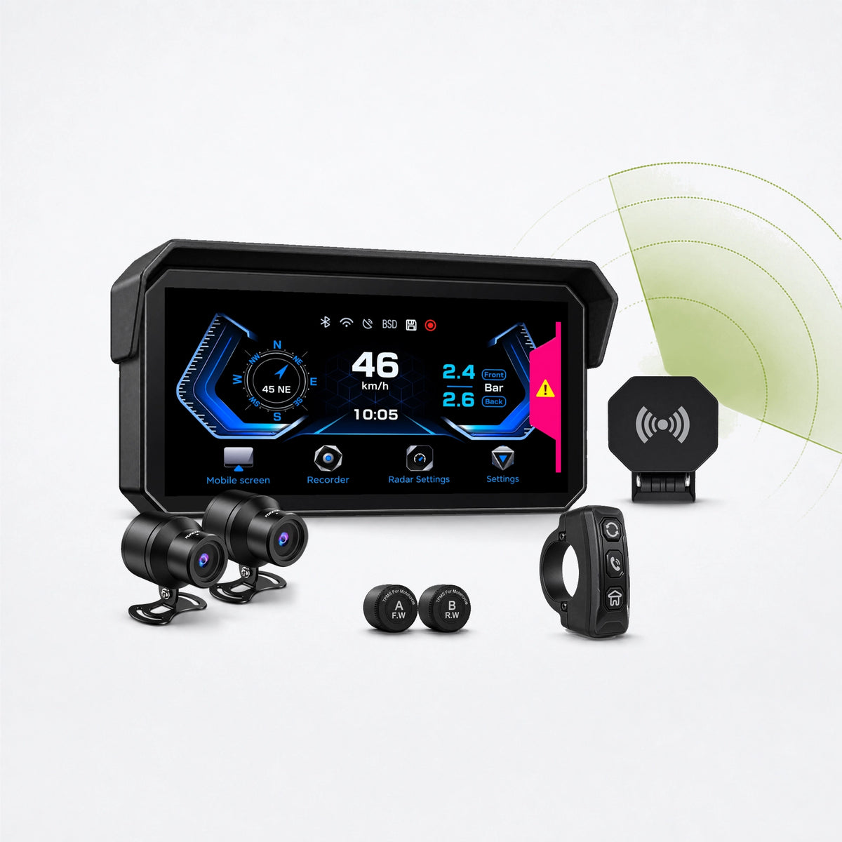 BX - Dash Cam Moto 3‑in‑1 con Radar Angolo Cieco (BSD) + CarPlay Wireless, Doppia 1080P Fronte/Retro
