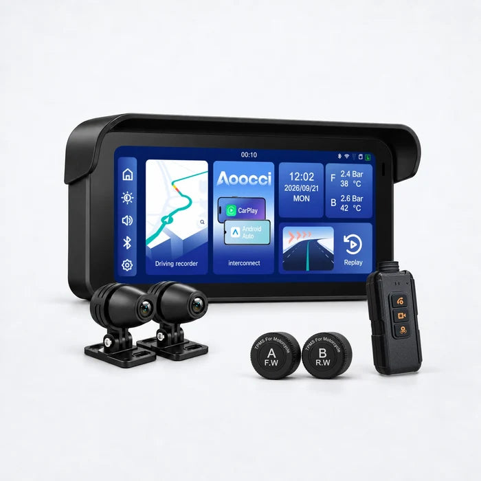 C6 Pro – Smart Screen Moto 6" con Doppia Dash Cam, CarPlay Wireless & TPMS (Kit Antifurto & GPS)