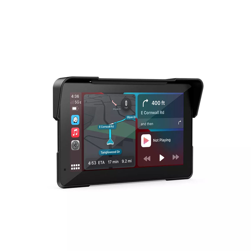 Schermo moto Aoocci C7 da 7 pollici con parasole integrato e interfaccia CarPlay navigazione