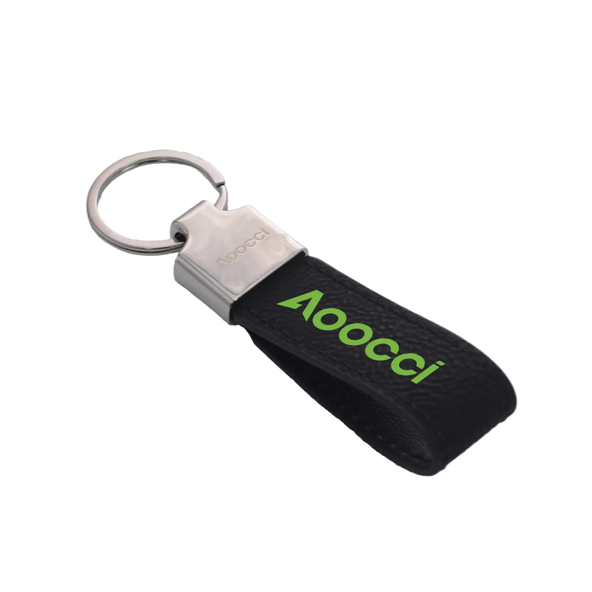 Portachiavi AOOCCI con cinturino nero, logo verde e anello metallico argentato