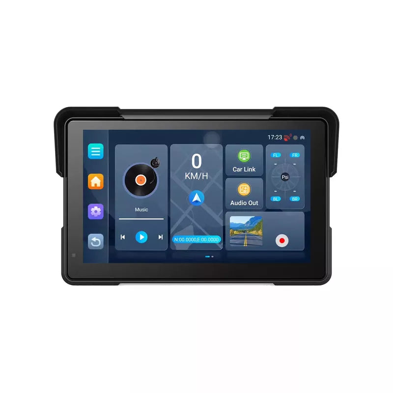 Vista frontale Aoocci U6: sistema multimediale Android per moto con dashboard personalizzabile all-in-one